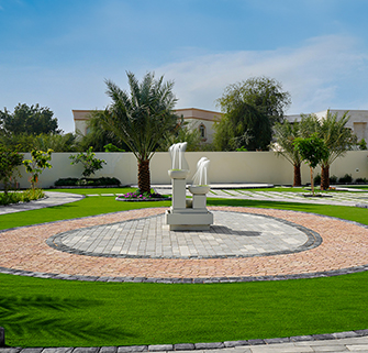 Hardscaping with landscape pavers for villa outdoor living areas in Dubai.