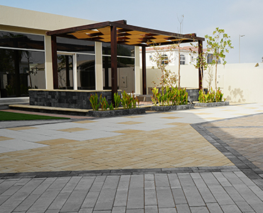 Outdoor hardscaping with landscape pavers in Dubai, UAE.