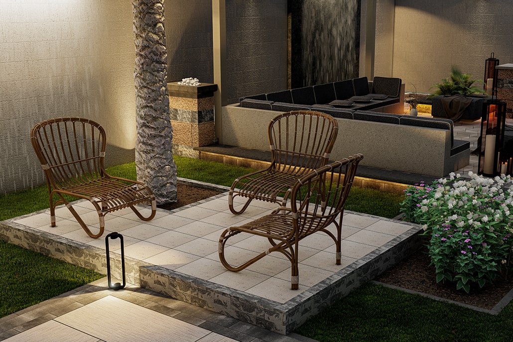 Outdoor living space with Eartha slab landscape pavers